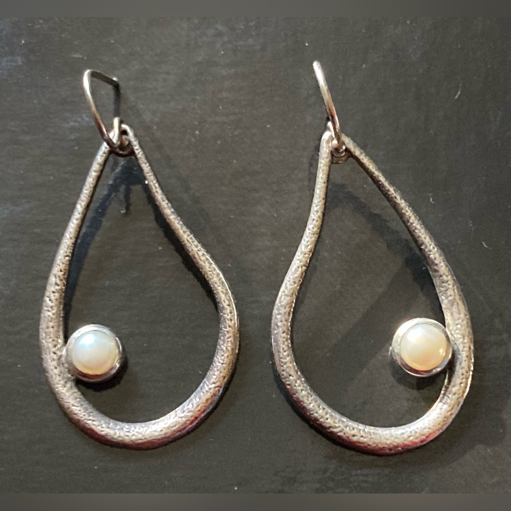 SILPADA Long, Pear Shaped, Silver & Pearl Earrings